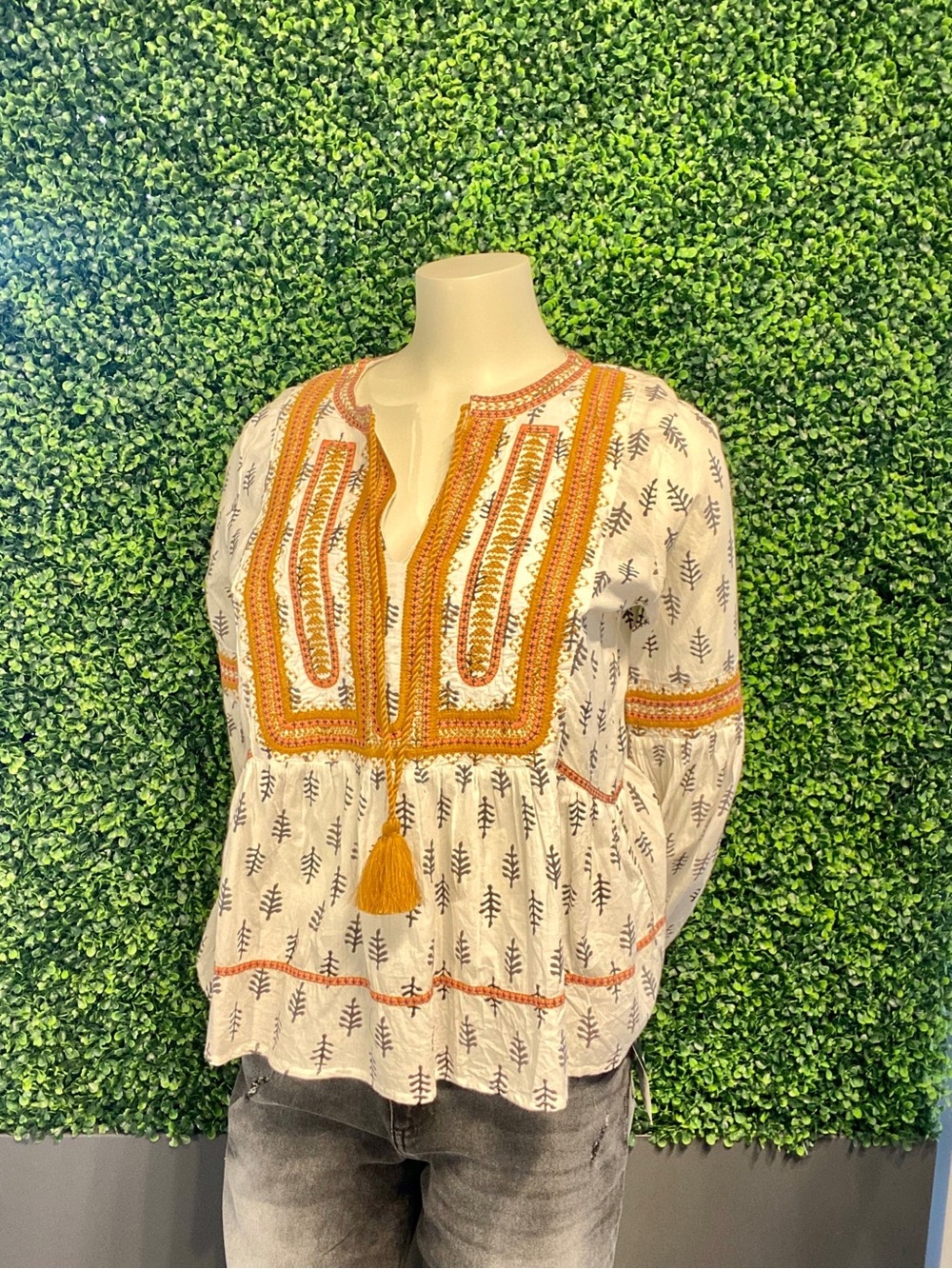 THML 100% Cotton White Peasant Leaf Print Tunic embroidered Top,small